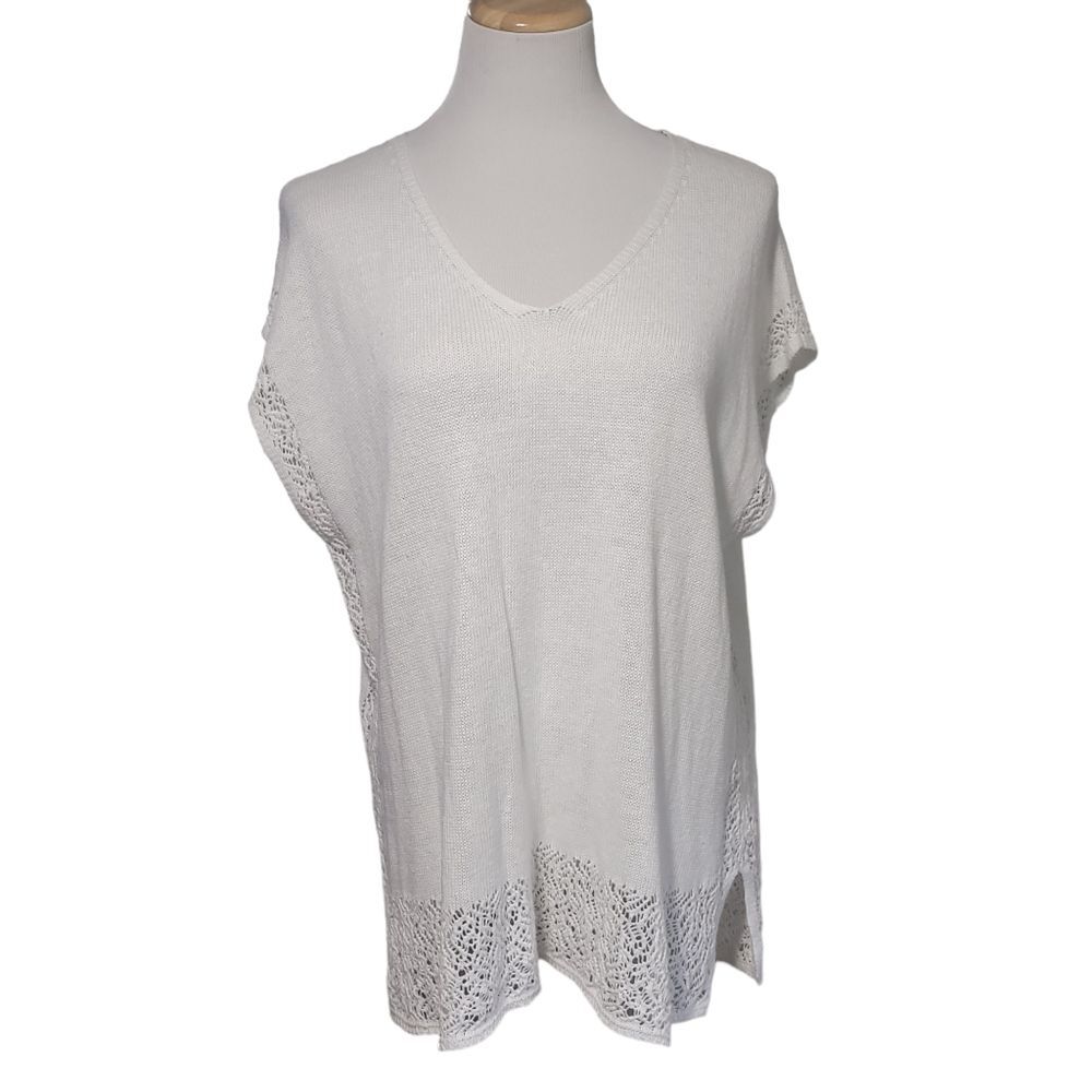 Talbots Solid White Linen Cotton V Neck Knit Sweater Top Blouse Crochet  S/M